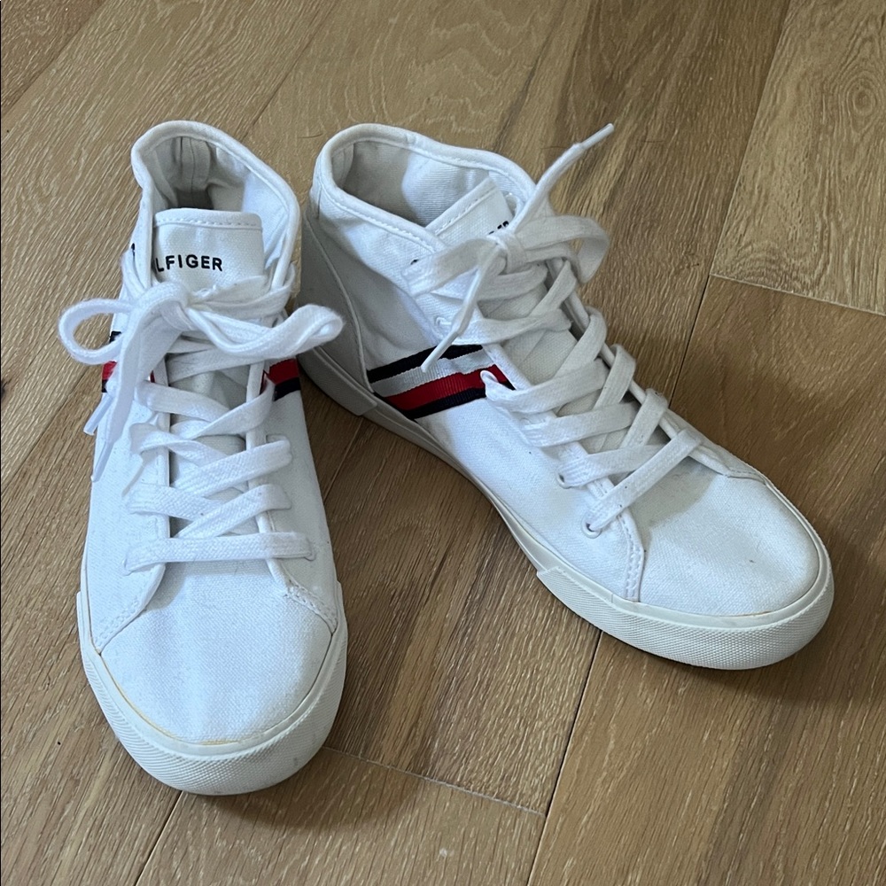 Tommy Hilfiger White Sneakers with Red and Blue Stripes